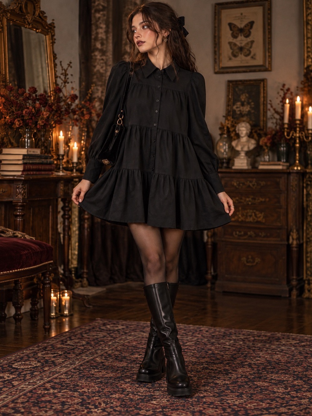 Zara Black Tiered Mini Shirt Dress S Puff Sleeve Whimsigoth Dark Romantic